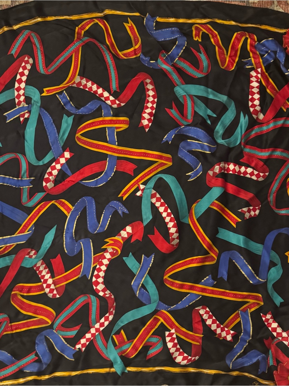 Vintage Signature Echo Black Scarf with Multicolor Ribbon Print